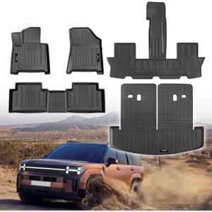 for 2024 2025 2026 Hyundai Santa Fe Floor Mats 3 Rows and Trunk Cargo Mat with Backrest Mat All Weather TPE for Hyundai Santa Fe Accessories (Fit Hybrid and Fuel) (Full Set)