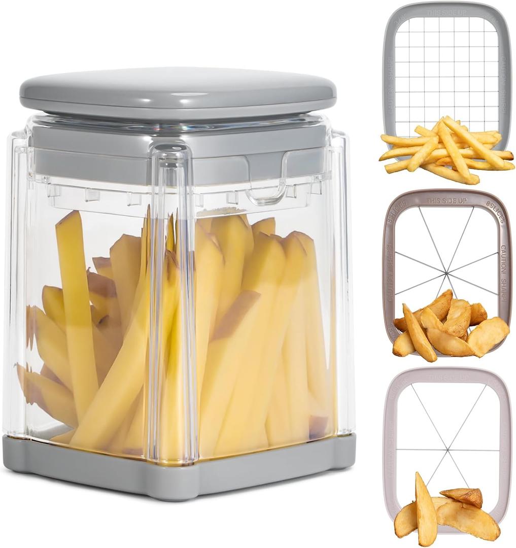 French Fry Cutter 3 in 1 Potato Onion Chopper Multifunction Egg Apple Slicer Kitchen Vegetable Cutter Dicer for Cucumber, Tomato, Zucchini, Carrot, Citrus Stainless Steel Blade (Gray)
