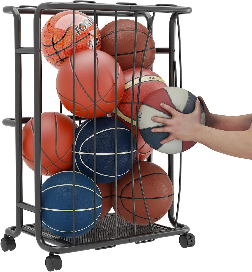 Large Garage Ball Storage Rack with WheelsGarage Ball Rolling Storage Rack with Handlefor Basketball, Soccer, Football, Volleyball, Garage, Gym, Black