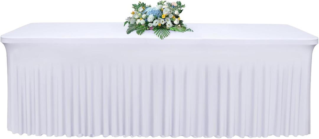 Babenest 1Pack 8FT White Spandex Table Skirt for Rectangle Tables, Wrinkle Resistant RufflesTable Cover for Trade Show, Parties, Birthday, Wedding, Banquets