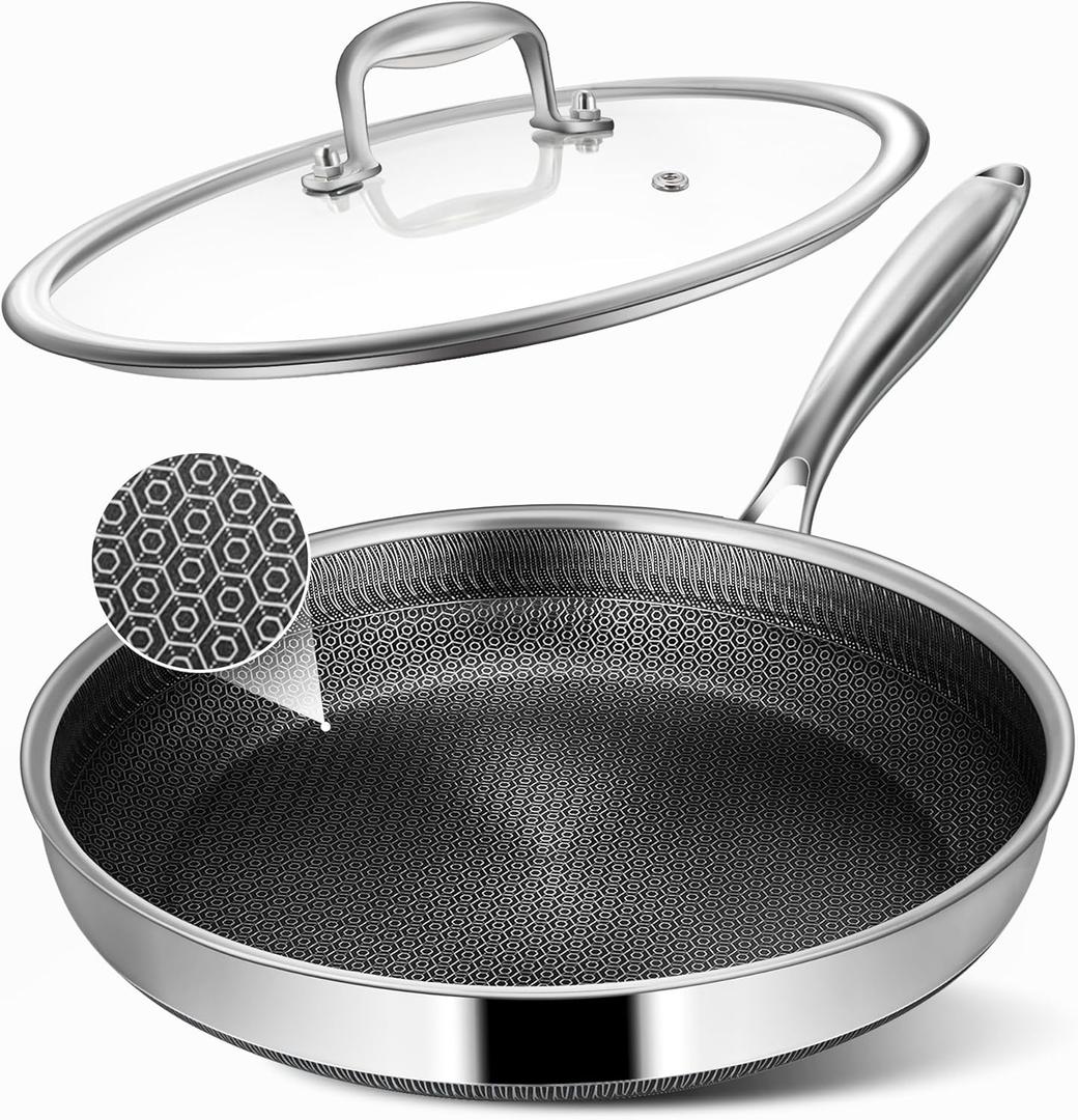 Non Stick Frying Pans, 12-inch with Lid, Hybrid Frying Pans Nonstick Stainless Steel Skillets, Dishwasher & Oven-Safe, Stay-Cool Handle, PFOA Free Cookware, Compatible with All Cooktops