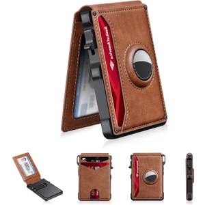 KIKVES Airtag Wallet for Men, Mens Smart Wallet for Air Tag RFID Blocking, Minimalist Bifold Pop Up Aluminum Credit Card Case Holder 12+ Cards with ID Window, Gift for Men, No Airtag Included, Brown