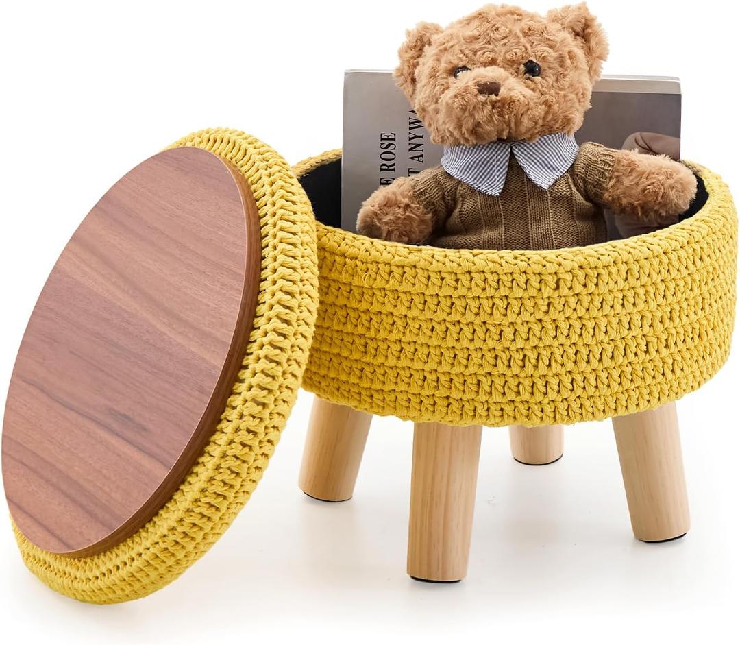 Wimarsbon Pouf Ottoman, 100% Cotton Knitted Boho Footstool, Round Footrest with Non-Skid Wood Legs, Home Dcor Handmade Pouffe, Leisure Floor Step Stool for Living Room (Storage Yellow)