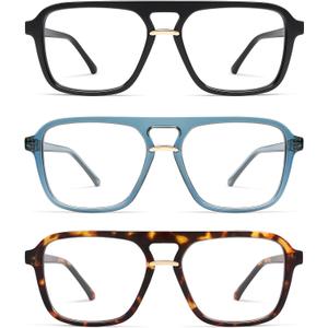 AMOMOMA 3 Pack Trendy Aviator Reading Glasses for Women Men Stylish Square Blue Light Blocking Readers AM6164, 1.5X