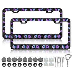 HCSS 2PCS Purple Dog Paw Print License Plate Frames Funny Footprint License Plate Holder Stainless Steel Auto Parts Rust-Proof Waterproof Car Decorative Tag Frames for Standard US 12x6 Inch