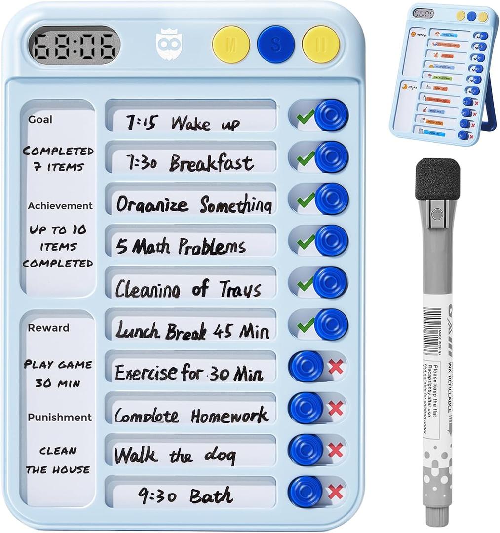 Magnetic Chore Chart for Kids with Timer, Visual Schedule for Kids, ADHD Tools to Do List, Checklist with 99-Min Countup/Countdown Chore Board with Sliders & Dry-Erase Sheets (Blue)
