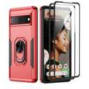 for Google Pixel 6A 5G Case with Screen Protector, Military Grade Dual Layer Heavy Duty Shockproof Full Body Protective Phone Cover, Built in Rotatable Magnetic Ring Holder for 6A (Red)