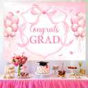 Pink Bow Graduation Party Decorations Backdrop Banner 7 x 5 ft Congrats Grad Background Photo Booth Prop Vinyl Pre-Punched Hole for Girl Class of 2026 Congrats Grad Congratulations Party