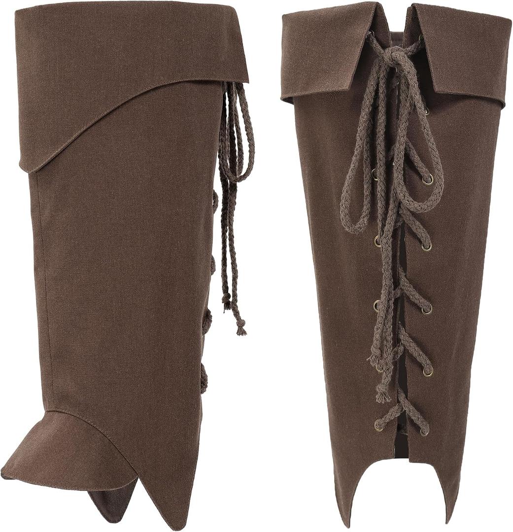 Medieval Pirate Boot Covers Costume Renaissance Linen Leg Gaiters Tie Up LARP Ren Faire Accessories (Brown)