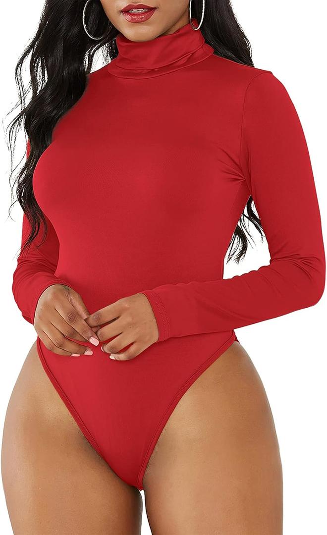 American Trends Bodysuit for Women Body Suit Long Sleeve Bodysuit Tops Turtleneck Leotards Shapewear (X-Large US:16-18, Red)