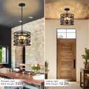 3-Light Farmhouse Black Chandelier for Dining Room Lighting Fixtures, 12.6'' Rustic Drum Ceiling Hanging Pendant Light for Foyer Entryway Kitchen Bedroom, Black with Wood-Grain Metal Interior