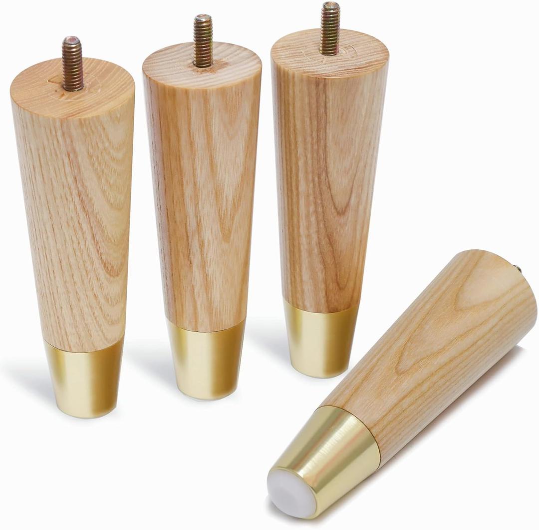 Solid Ash Wood Furniture Legs 6 Inch, Sofa Replacement Wooden Leg Set of 4, Cabinet Legs, Dresser Legs, Couch Legs, Recliner Legs (Ash Wood Legs with Metal Cap Pack of 4, 6 inch)