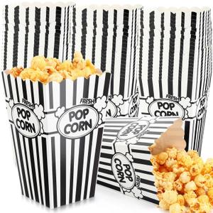 Xinnun 100 Pcs Popcorn Boxes 32oz Classic Stripe Paper Buckets Disposable Oil Proof Popcorn Container Retro Open Top Box for Movie Night Supplies Theaters Carnival Birthday Party(Black and White)