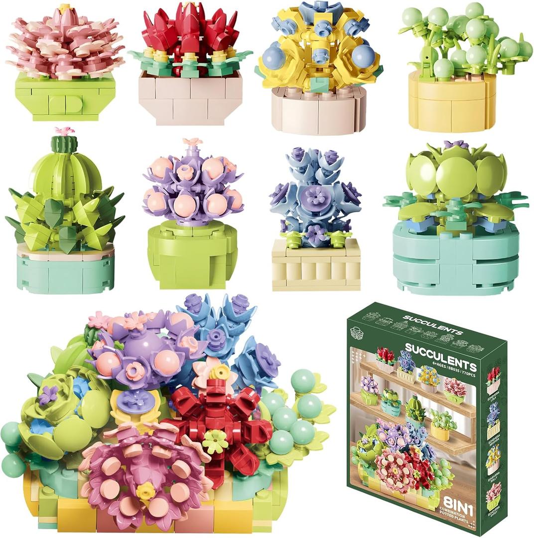 Flowers Succulent Building Plant BlockSet Toys 8 Pack, Romantic Gifts and Birthday Gifts for Adults, Gifts Ideas for Girls Women,Office and Home Decoration Plant Collections