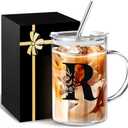 Initial Extra Large Glass Drinking Cup With Lid Straw Comfort Gifts For Woman Coffee Cups Regalos Para Mujer Teen Girl Gifts Trendy Stuff Iced Glass Tumbler Must Have For Women Apartment Essential