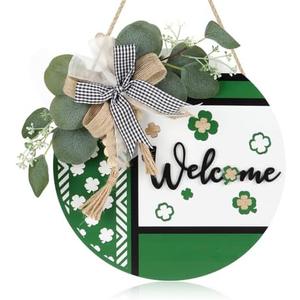 CHDITB 3D Welcome Spring Door Sign, Rustic Green Shamrock Clover Decoration Wall Hanging with Bow Leaves Beads, Wooden Hello Spring Summer St Patrick's Day Decor for Front Door Porch Farmhouse(12"x 12")