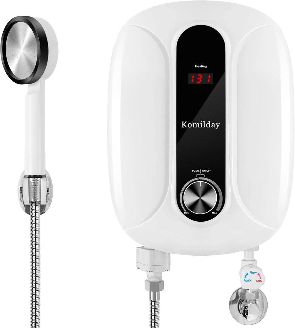 Tankless Water Heater Electric, 240v 0-6500W Tankless Hot Water Heater with Led Temperature Display for Bathroom or Kitchen,Instant Heater Electric with Overheating ProtectionHeater-White