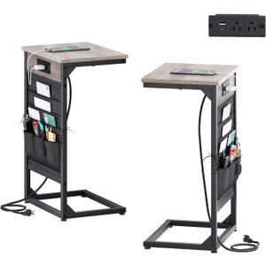 C-Shaped End Tables Set of 2, Small Couch Side Table with Fast-Charging Station, Sofa TV Tray Table with Storage Bag for Living Room, Bedroom, Bedside ET-GY-W2 (Greige + Wider)
