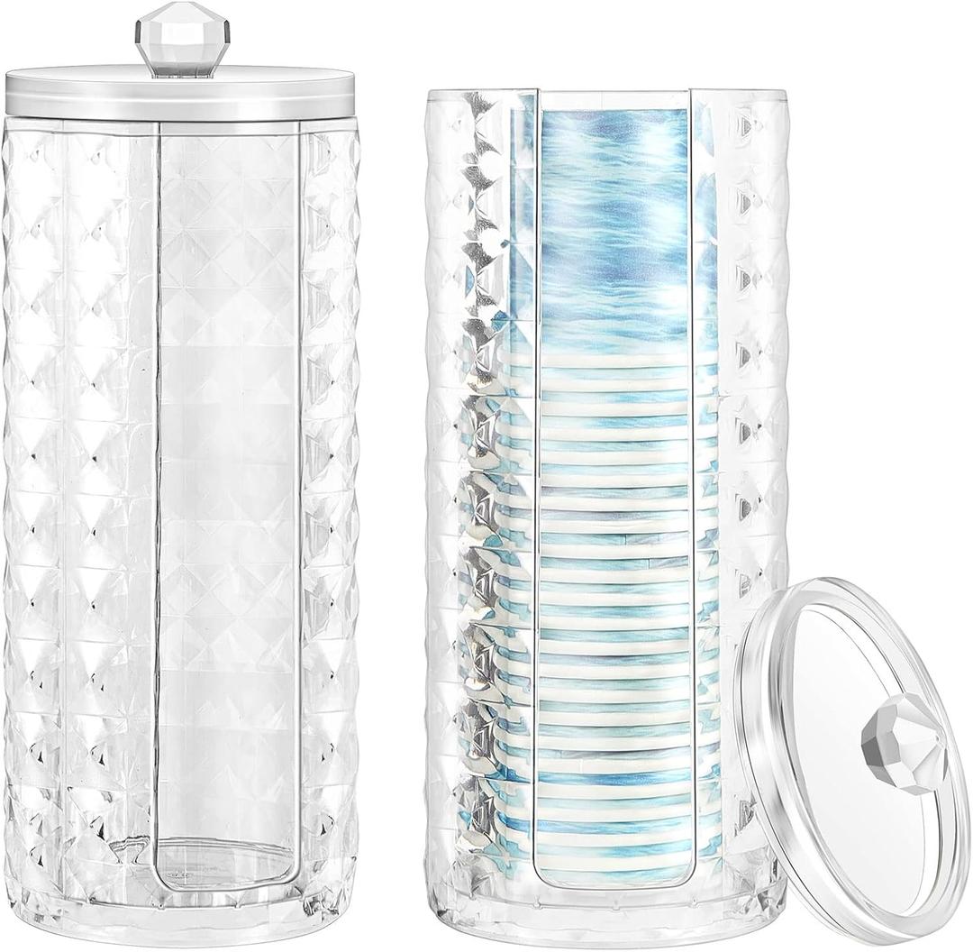 Skylety 2 Pcs Bathroom Cup Dispenser with Lid Acrylic Bathroom Cup Holder Makeup Cotton Pad Holder Organizer for 3-4oz Disposable Paper Mug Clear Diamond Pattern Cotton Rounds Container