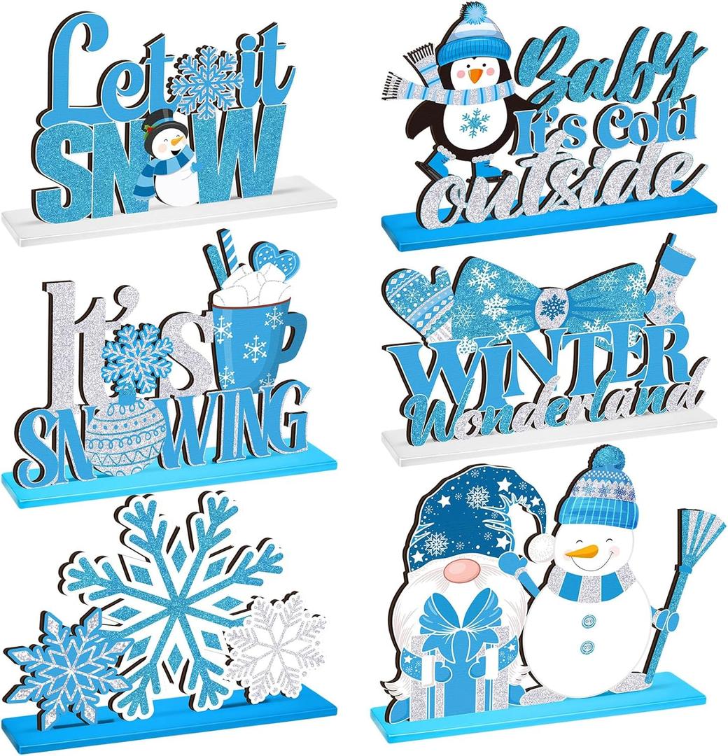 Shellwei 6 Pcs Winter Party Table Decorations Snowflake Snowman Wooden Centerpieces Winter Let It Snow Party Baby is Cold Outside Decoration for Christmas Baby Shower Supplies