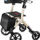 WALK MATE Rollator Walker for Seniors Taller 5.3~7 Ft with Height-Adjustable Seat, Built-in Cable, 10 Inch Wheels Walkers Compact Folding Design Mobility Walking Aid Widen Backrest, Gold (Champagne)