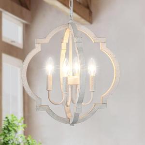 White Farmhouse Orb Chandelier for Dining Room- 4 Light Modern Pendant Light Fixture, Rustic Wood Hanging Lights for Kitchen Island Living Room Bedroom Entryway