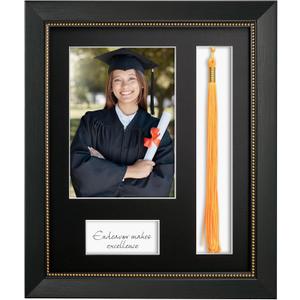 9x11 Graduate Frame with Tassel Holder, Graduation Party Gift and Keepsake, Tempered Real Glass, Display 5x7 graduate Photo with Black Linen Textured Mat, Black Frame with Gold Beads Embossing
