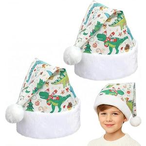 Eurzom 2 Pcs Dinosaur Santa Hat Cute Animal Print Christmas Furry Xmas Hat with Comfort Lining and Brim Large Unisex Plush Santa Cap for Adults and Teens New Year Holiday Party Supplies Decorations