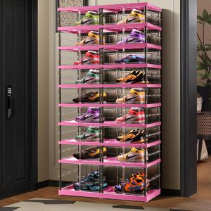 9-Tier Foldable Shoe Rack for Closet Entryway 18-36Pairs, Stackable Clear Shoe Storage Boxes Organizer With Door Plastic Shoe Cabinet Bins with Lids Shoes Shelf Easy Assembly Large (Black-pink)