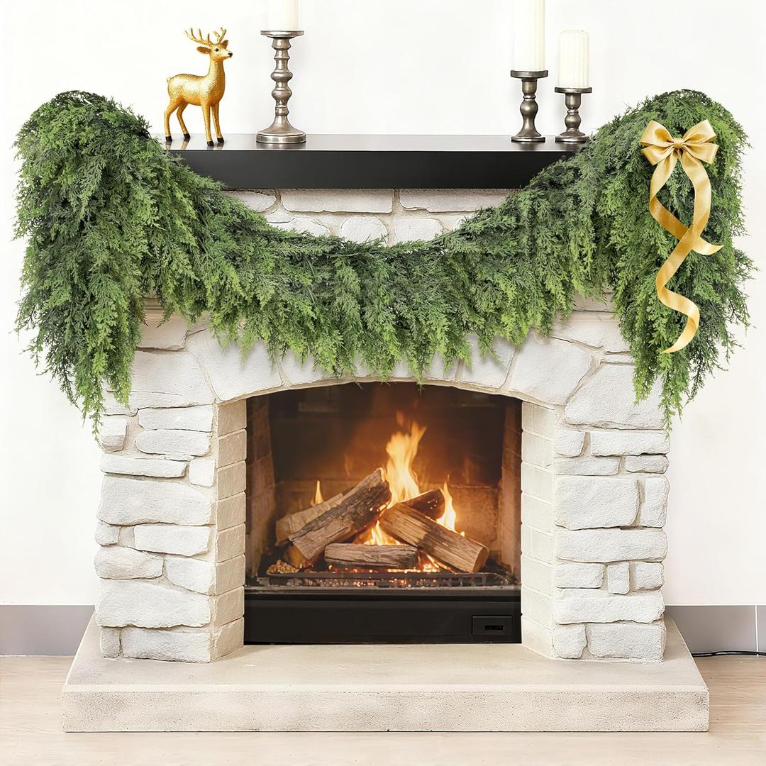 Christmas Garland Real Touch Cedar Garland Christmas Decorations 6 ft Soft and Lush Realistic Faux Pine Garlands for Mantle, Table, Stairs, Doorframe, Fireplace Indoor Outdoor Holiday Decorations