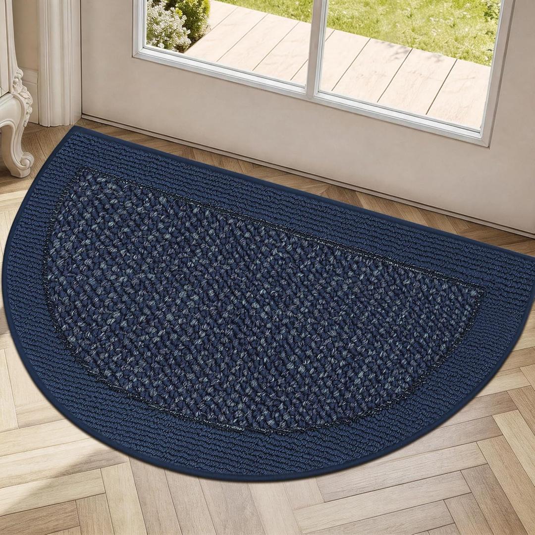Half Circle Door Mat Indoor Entrance Welcome, Non-Slip Washable Doormat, Trap Dirt and Moisture, Low Profile Mats for Indoor Entry, 17"x30", Blue