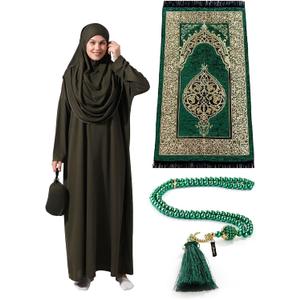 ihvan online Muslim Dresses for Women, One-Piece Prayer Dress & Prayer Rug & Beads, Islamic Gift Set for Eid Ramadan (XS-XXL, Khaki)