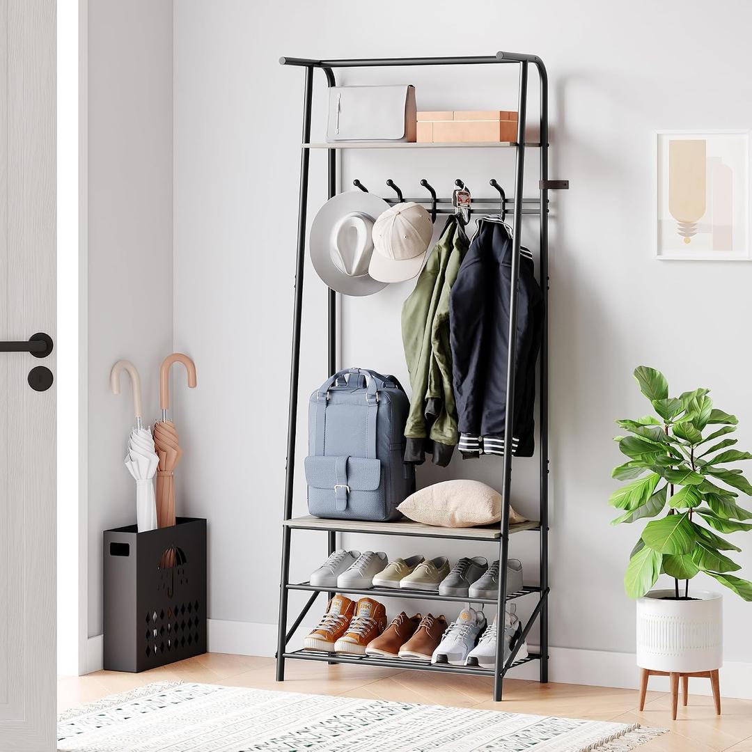 IDEALHOUSE Coat Rack Shoe Bench with 5 Hooks, Hall Trees Entryway Bench with Storage, Wood Look Accent Furniture with Metal Frame for Entryway, Living Room, Bedroom