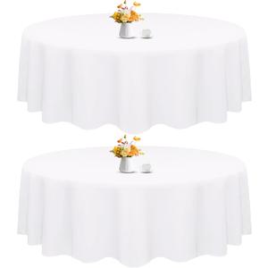 HAISIWLKJ 2 Pack 90 Inch White Round Tablecloth for Round Table Washable Reusable Outdoor Polyester Fabric Decorative Dining Table Cover for Buffet, Camping, Baby Shower, Party