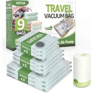 Vacuum Bags for Travel with Rechargeable air Pump, 9 Packs of 3 Sizes Vacuum Seal Bags for Clothing (9 Combo Set)