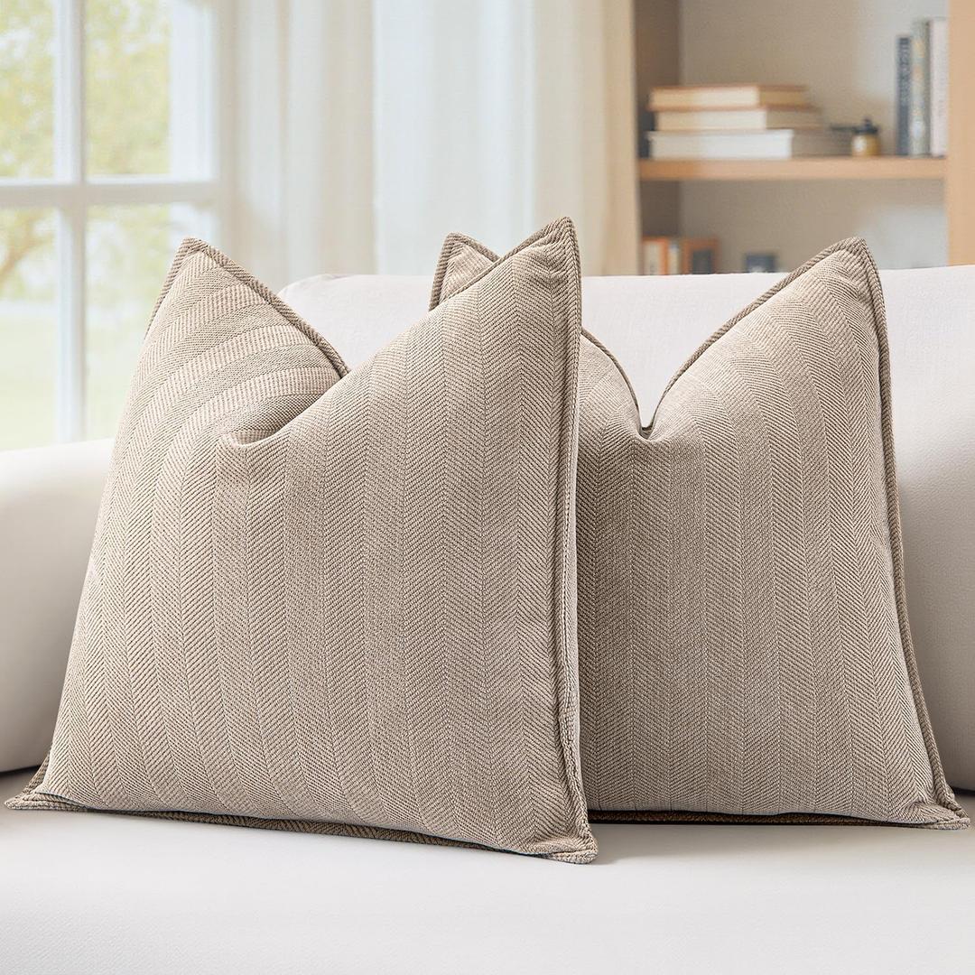 MIULEE Pack of 2 Beige Decorative Pillow Covers 20x20 Inch Soft Chenille Luxurious Couch Throw Pillows Farmhouse Cushion Covers with Elegant Design for Sofa Bedroom Living Room Spring Home Decor