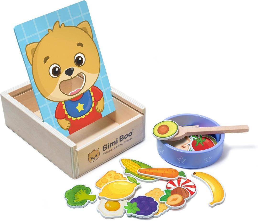 Bimi Boo Wooden Feeding Toy - Montessori Pretend Play Food Set for Toddlers 1-4+ - Fine Motor Skills Scooping Toy for Kids (27 Various Foods, a Spoon, Bowl)