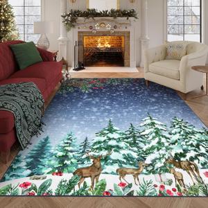 6x9 Christmas Rugs for Living Room Washable Rugs for Bedroom SnowmanReindeer Print Area Rug with Non Slip Backing Low Pile Non Shedding Stain Resistant Throw Mats for Dining Room, Blue