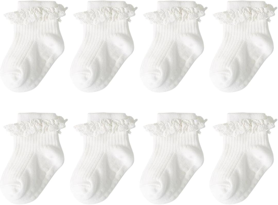 Baby Girl Toddlers Socks with Non-slip Grip Cute Frilly Ruffle Ankle Soft Cotton Newborn Baby Socks for Infant Kids (1-3T, 8 Pairs : White)