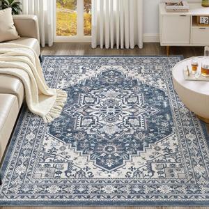 UERMEI 9x12 Area Rug for Living Room - Washable Vintage Carpet, Non-Slip Soft Large Indoor Floor Rugs for Bedroom Home Office & Under Dining Table Decor, Denim Blue/White