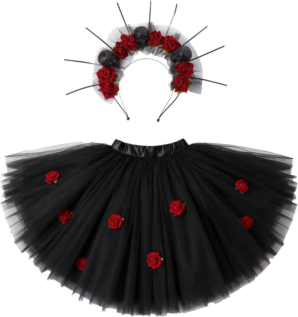 PinkSheep Girls Costume Set,Led Light Up Girls Tutu Skirt with Headband Bow Tie, Kids School Party Outfit Dress Up Cosplay (Medium, Skull Black)