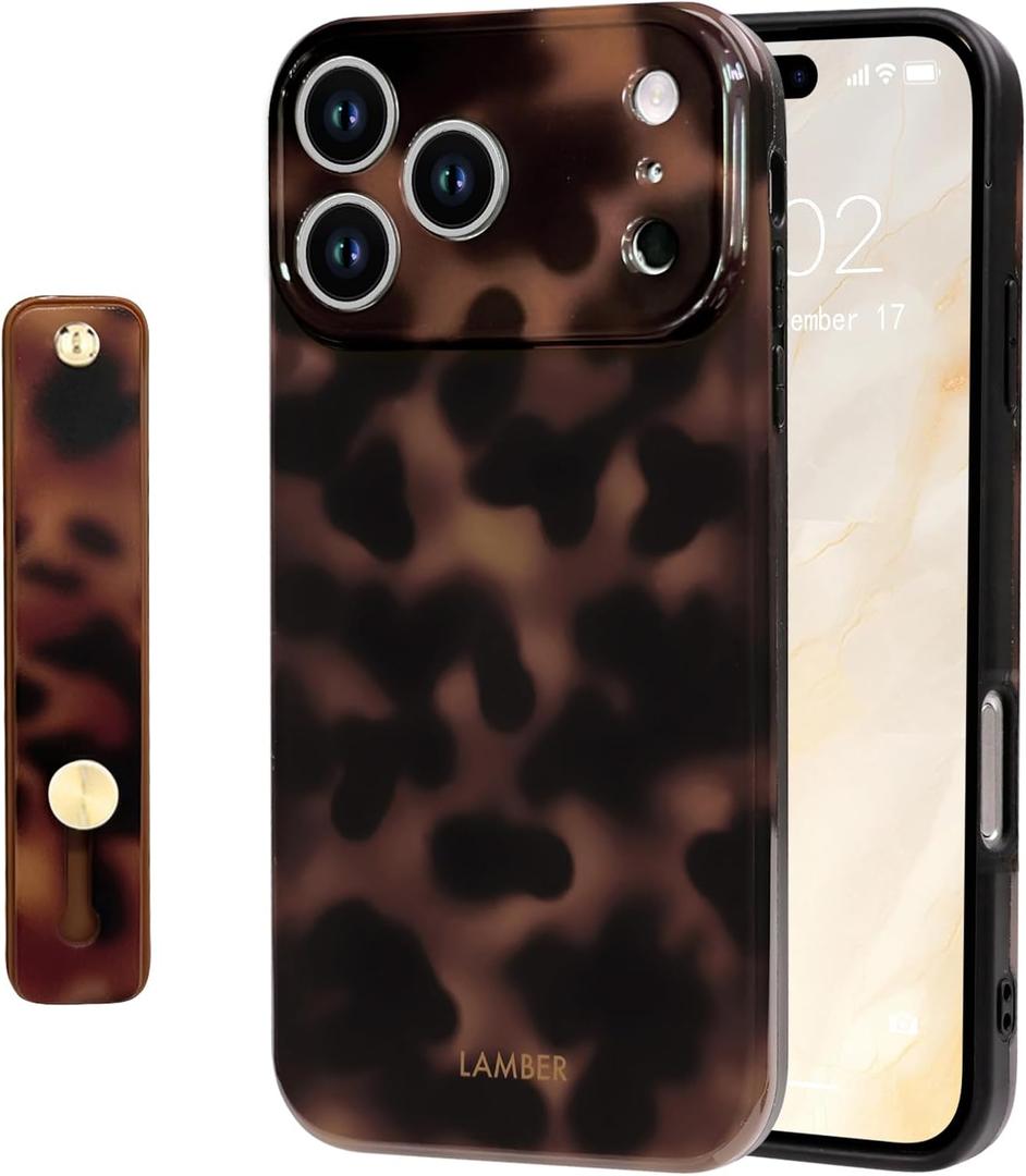 NITITOP Compatible for iPhone 17 Pro Max Case with Wrist Strap Cute Stylish Leopard Print Amber Tortoise for Women Girls Men Soft TPU Shockproof Protective Cover - Brown Leopard