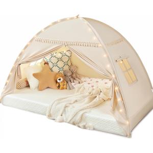 Toddler Canopy Lights & Flags Indoor Floor Bed Kids Tent Playhouse Portable & Foldable Twin Bunk Bed Curtains Girls & Boys House Bedroom Privacy Space Sleeping Tents Gifts Golden Beige Large Size (75x40x46"(Suggested for Twin))