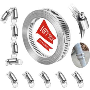 Hose Clamps 10FT Strap+10 Fasteners,DIY Cut-To-Fit 304 Stainless Steel Adjustable Large Worm Gear Band Clamp Assortment Kit,Metal Screw Fasteners and Strapping for Pipe,Duct,Pole,Tube