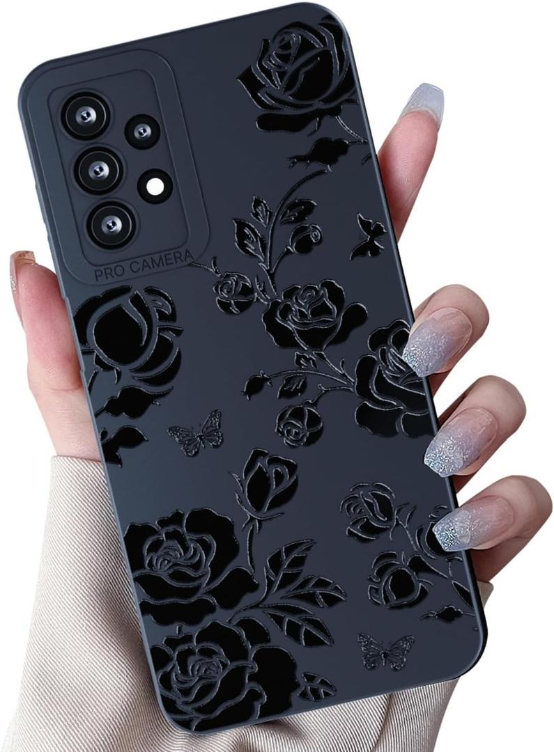 MINSCOSE Compatible with Samsung Galaxy A23 5G Case,Cute Rose Flower Butterfly Cool Black Solid Design,Soft Silicone Slim Thin Girly Phone Case Protective Shockproof Cover for Women Girls-Rose