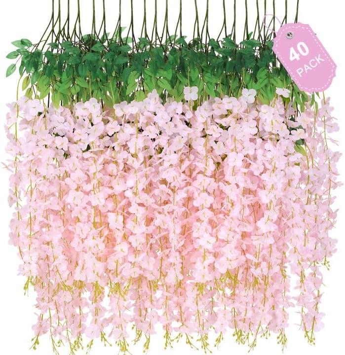 40 Pack Light Pink Wisteria Hanging Flowers, Fake Hanging Flowers for Decoration, Artificial Hanging Flowers,Vines for Bedroom,Flower Garland for Home,Party,Garden, Wall,Wedding Decoration(3.6 Ft/Pcs)