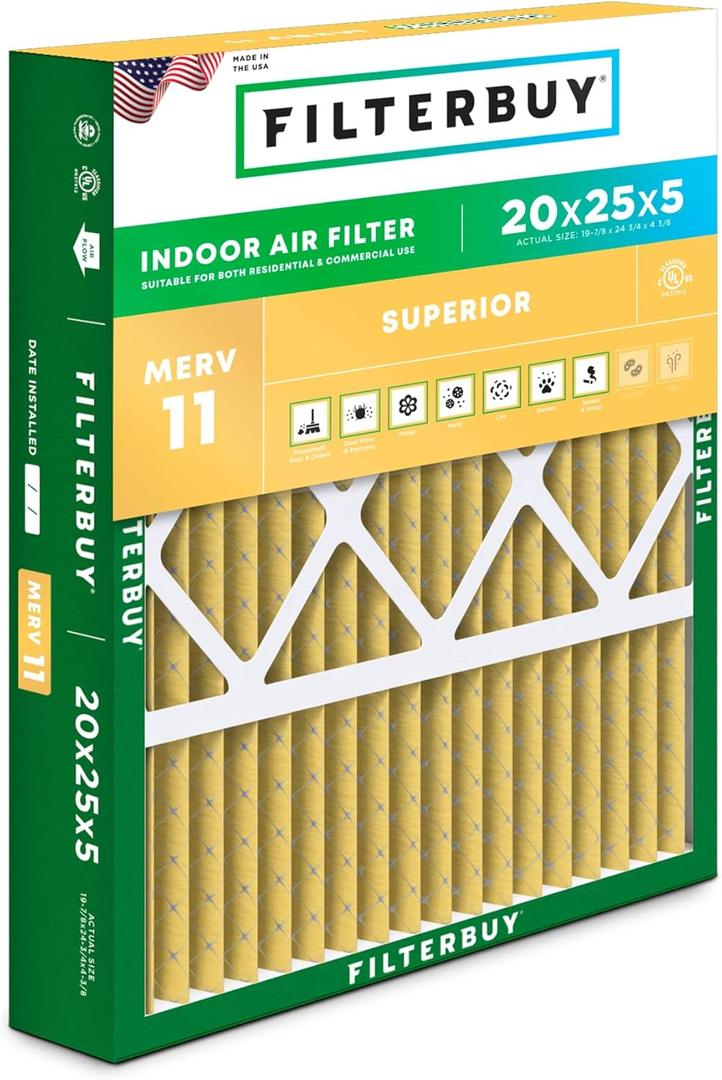 Filterbuy 20x25x5 Air Filter MERV 11 Superior Pet & Allergy Defense (1-Pack), Pleated HVAC AC Furnace Filters for Honeywell FC100A1037, Lennox X6673, and More (Actual Size: 19.88 x 24.75 x 4.38)