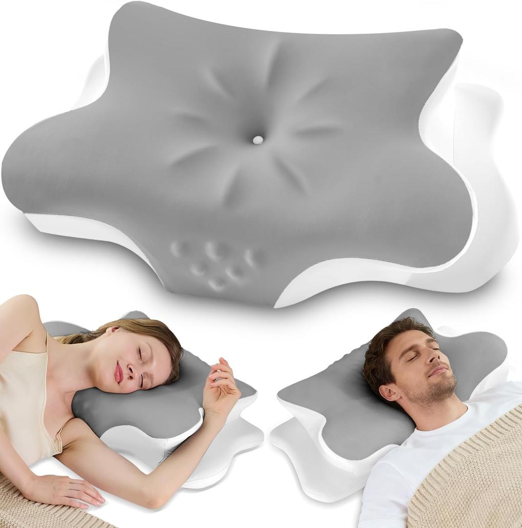 Cervical Neck Pillow for Pain Relief  Ergonomic Memory Foam Pillow for Side Sleeper Contour Orthopedic Bed Cooling Pillow for Neck Support  Ideal Christmas Birthday Gift for Women Men - Grey (Queen)