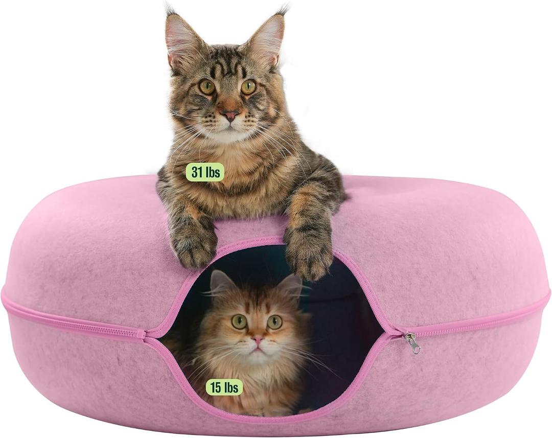 Cattasaurus Peekaboo Cat Cave Donut for Multiple & Large Cats up to 30-45 lbs, 3-in-1 Self Warming Cat Bed, Tunnel & Scratcher for Indoor Cats, Washable & Detachable Small Dog Bed (Pink, Jumbo)