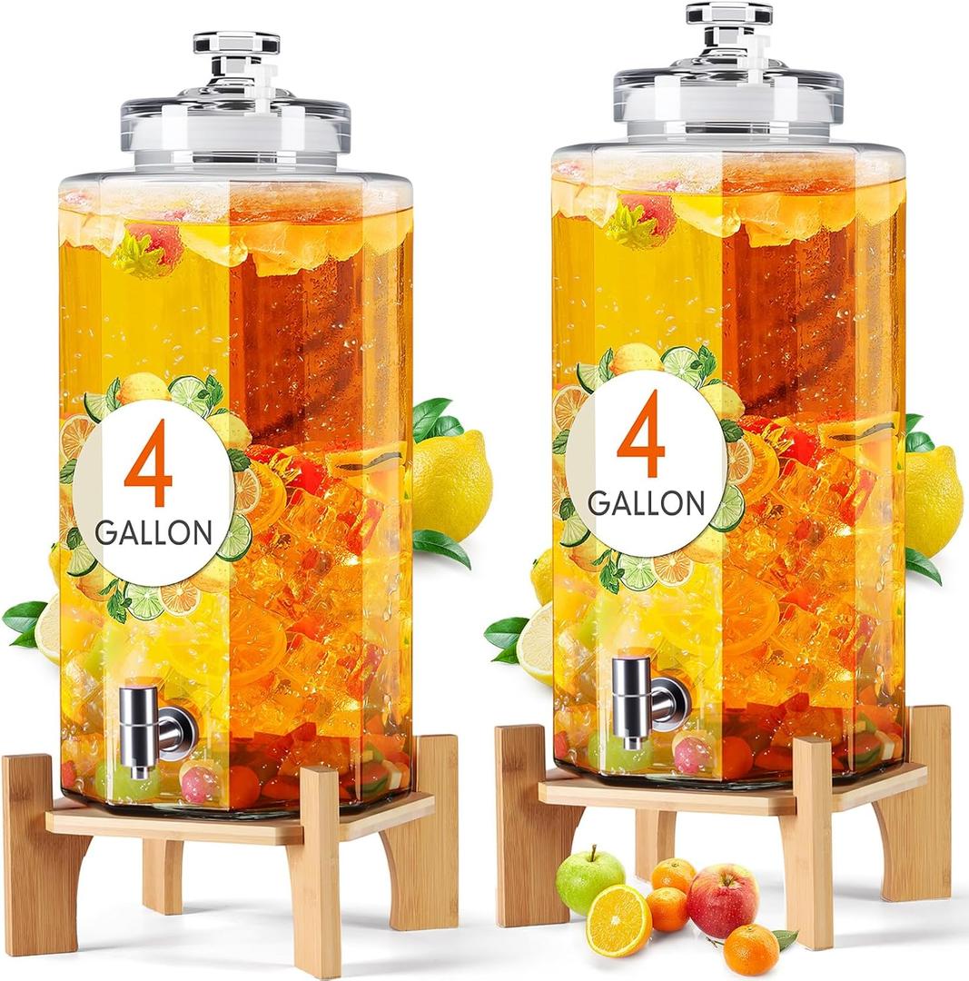 2 Pack Large Drink Beverage Dispenser with Stand and Stainless Spigot Leakproof Glass Water Dispenser for Wedding Party Bars Restaurants (4 Gallon)
